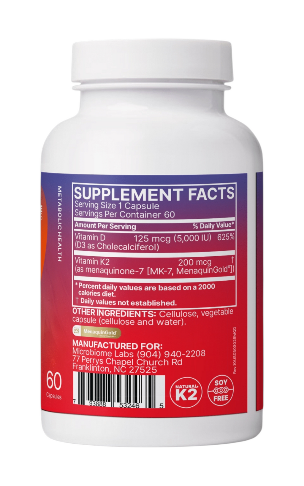 Microbiome Labs - Megaquin K2+D3 - Suplemento de Vitamina D3 y K2 60 Cápsulas